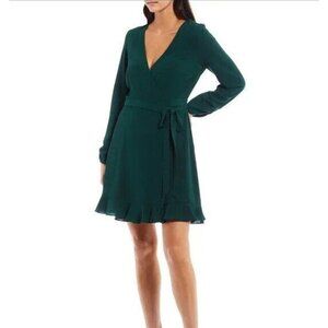 Gianni Bini Forest‎ Green Long Sleeve Ruffle Wrap Mini Dress - Size XS
